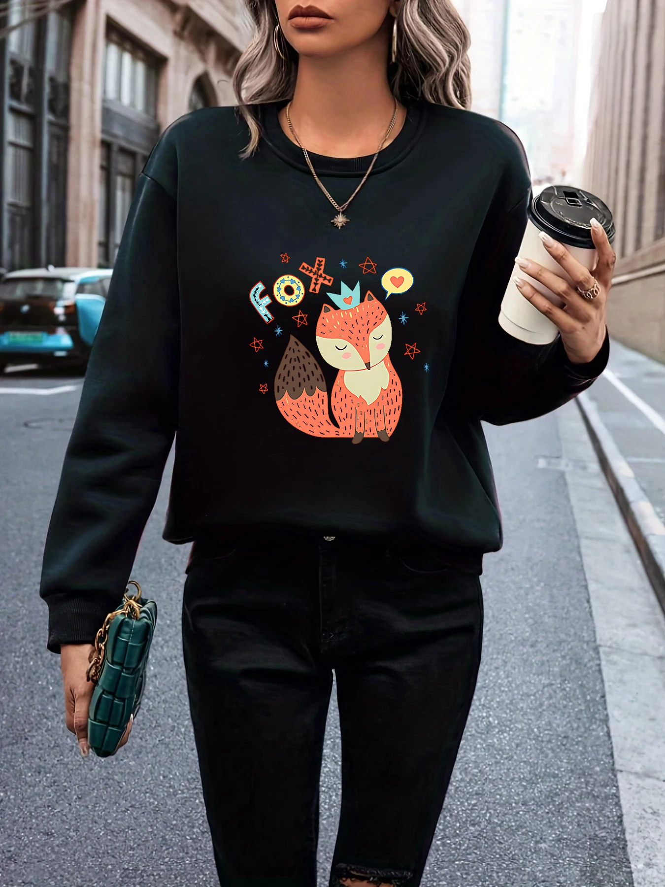 New Wave Cartoon Fox Animal Pattern Print Hoodless Hundred Fashion Sweatshirt, Black Fresh Style Tops for Women