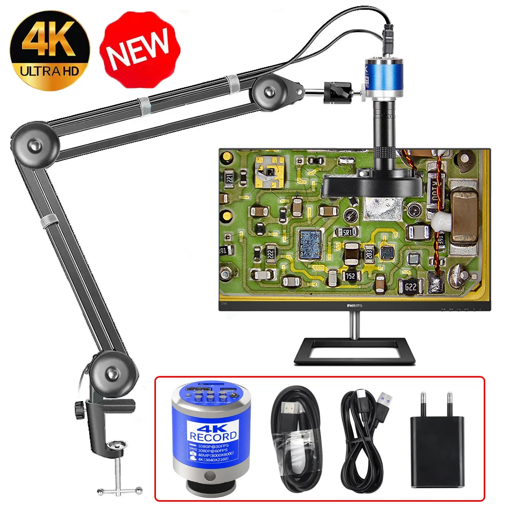 4K 150X Full HD Industrial Microscope Digital Video Camera Static Dynamic Image PCB Welding Phone Repair Enhanced Flip Stand