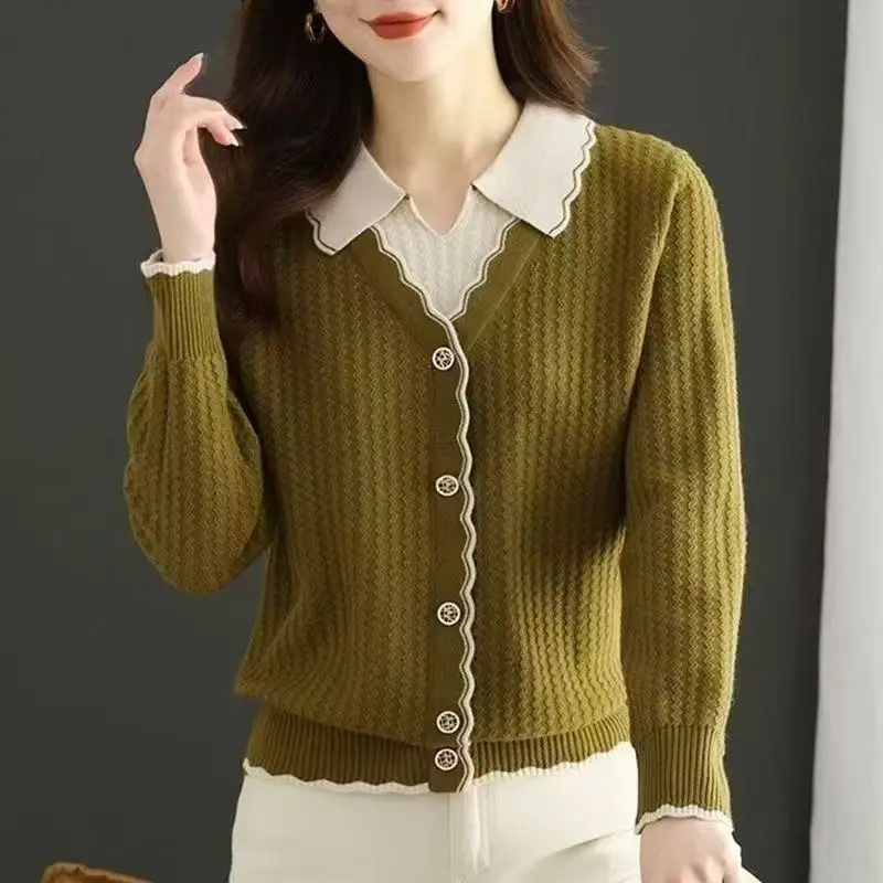 Autumn Winter Fake Two pieces Women's Sweater Pullover New Color Blocking Shirt Collar Long Sleeve Knitted Sweater Female Tops