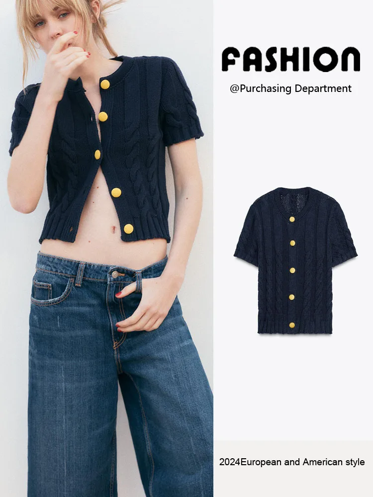 

Spring New Arrival Women's Knitted Short Sleeve round Neck Coat Button Detail Color Block Design Slim Fit Commute Style Outer...