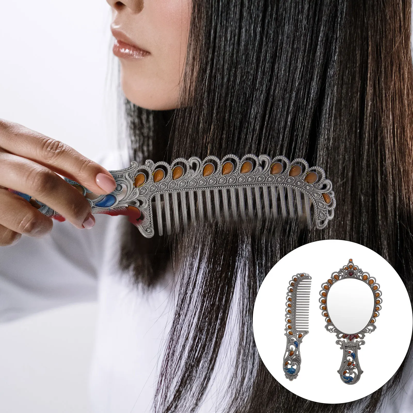 1Set Compacte Vintage Reliëf Pauw Spiegel Kam Opvouwbare Make-up Handheld Mini Draagbare Make-up Spiegel Metalen Tool Gift