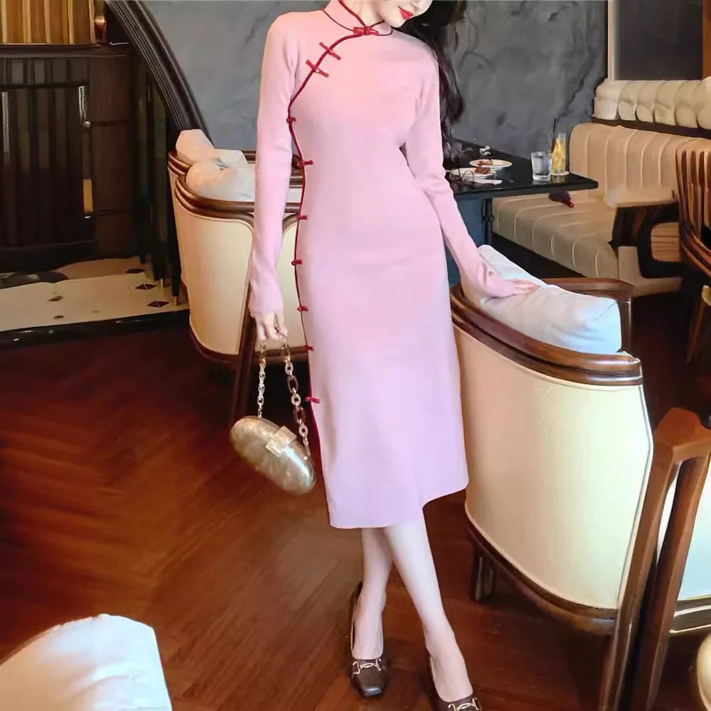 

6516, осенне-зимнее элегантное новое длинное платье Cheongsam в китайском стиле с воротником-стойкой и разрезом