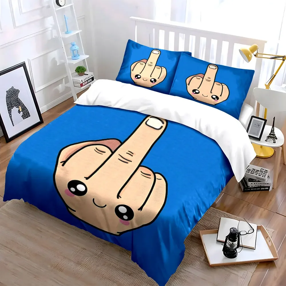 3Pcs Kawaii Middle Finger Bedding Set, Cute Smiling Hand Print Duvet Cover + 2 Pillowcases, Funny Sassy Decor