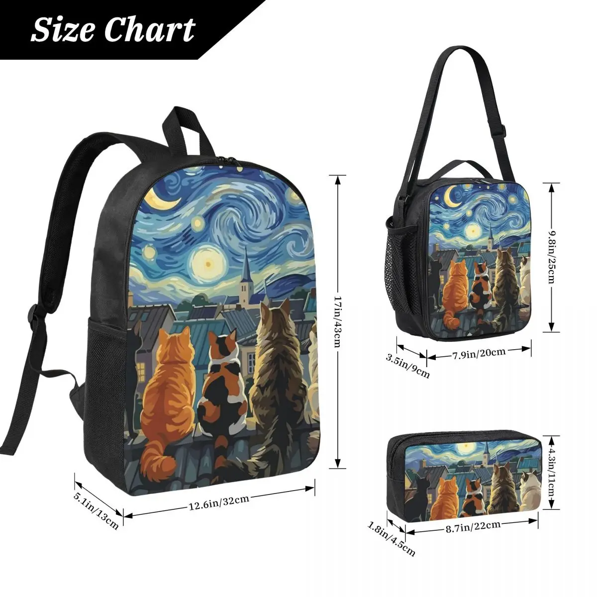 Cats Watching The Night View Of The Moon Backpack Student BookBag School Bag Laptop Shoulder Bags 3ps Lunch Bag Pencil Case