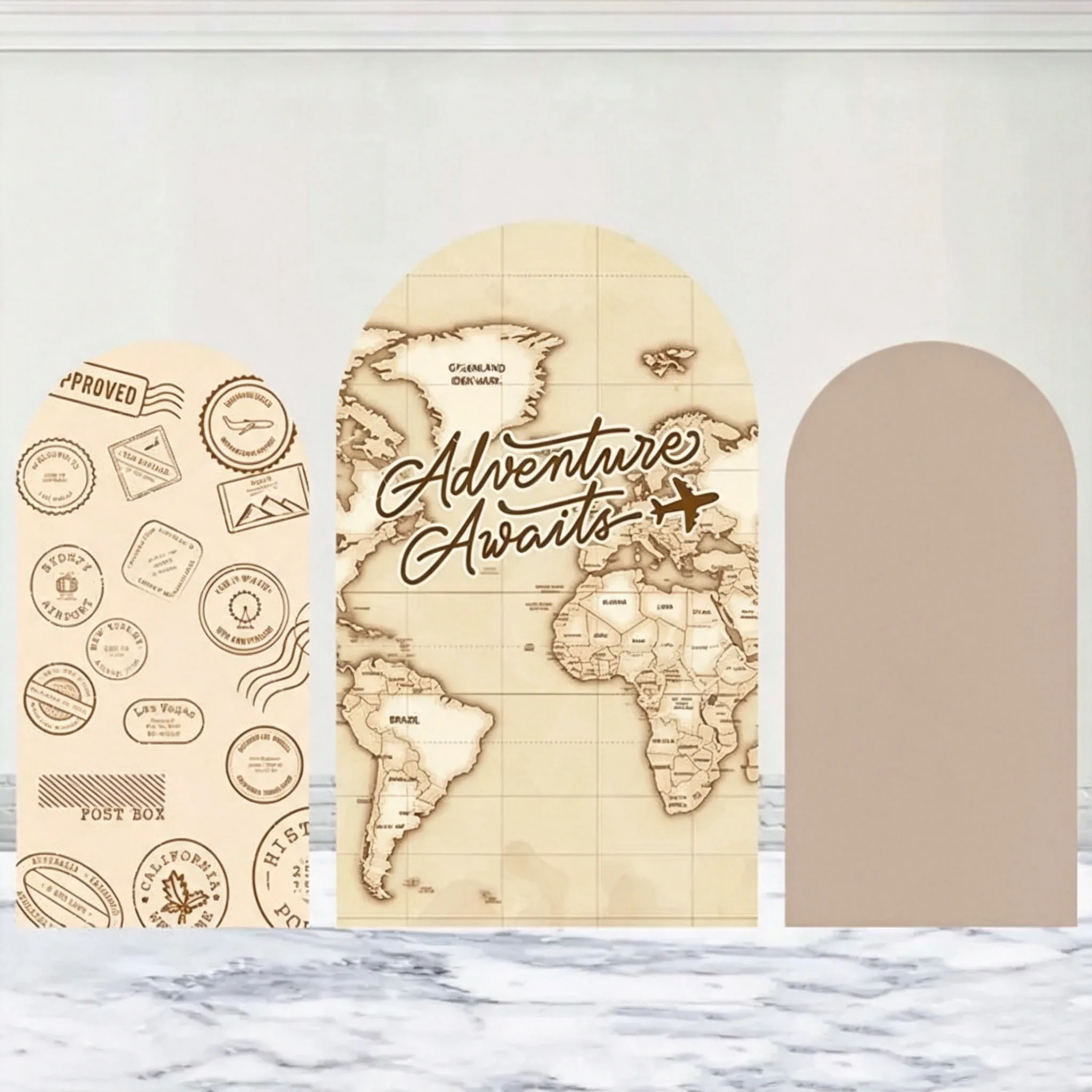 Custom Double-Sided Adventure Awaits Baby Shower Arch Backdrop Cover World Map Travel Birthday Party Photobooth Background