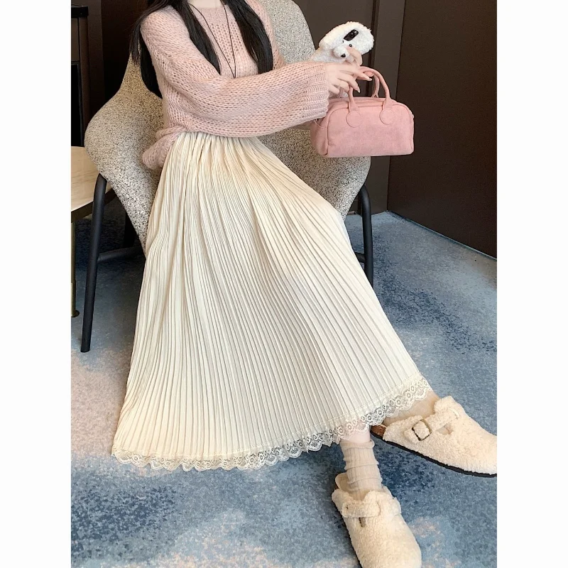 

Lace Spliced pleated Skirt Skirt Autumn and Winter Knitted New High-waisted Versatile Mid-length Skirt