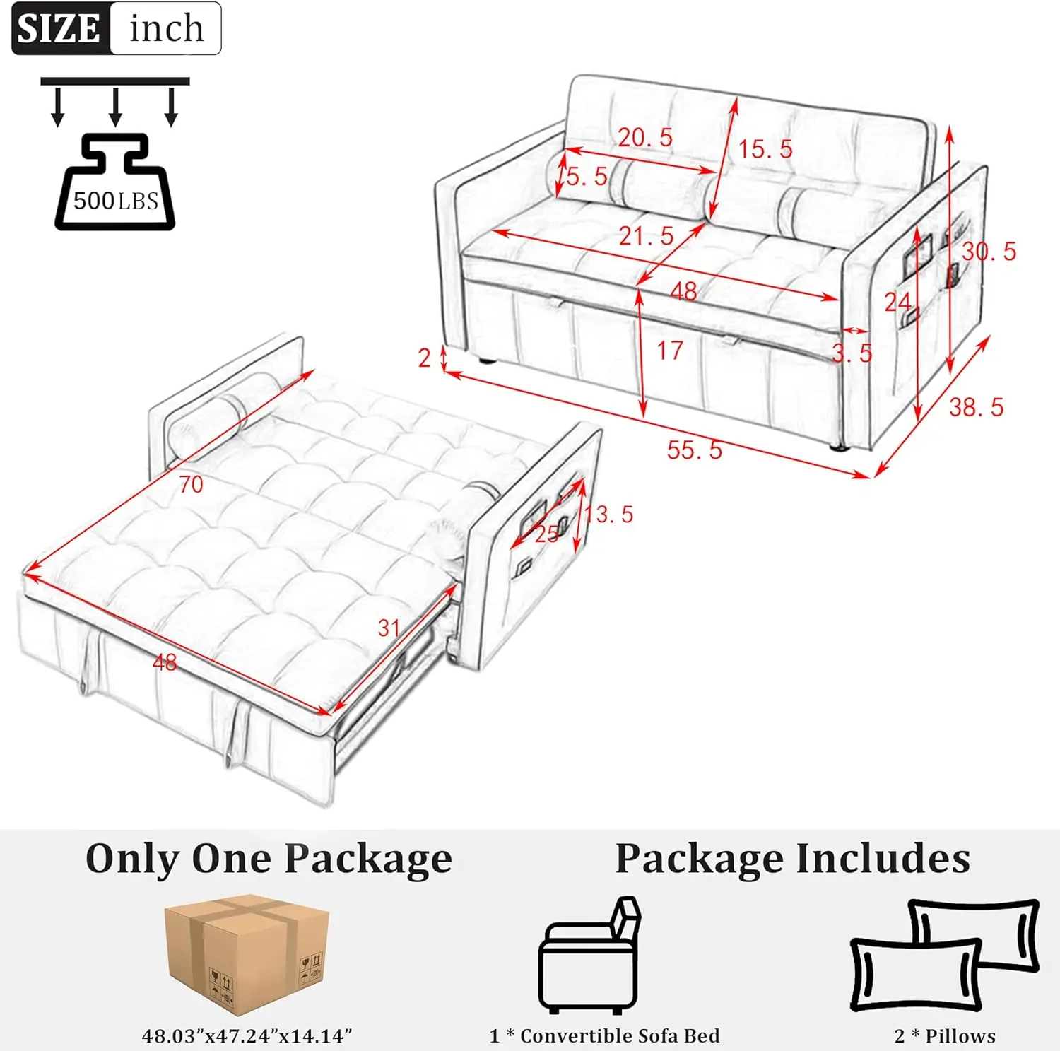 3 in 1 Pull Out Convertible Sofa Bed - 55