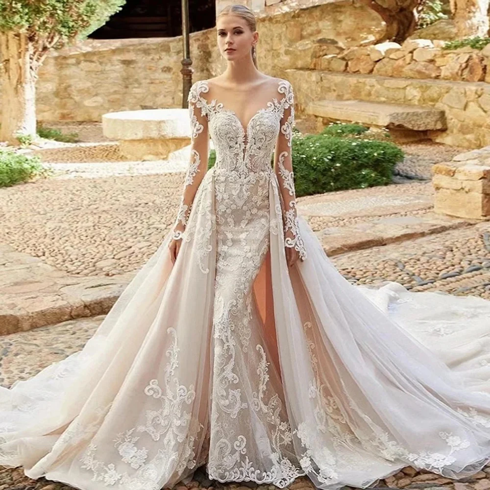 Luxury A Line Bridal Gowns 2024 O-neck Long Sleeve Lace Backless Wedding Dress Customized High Quality Princess Bride Dresses