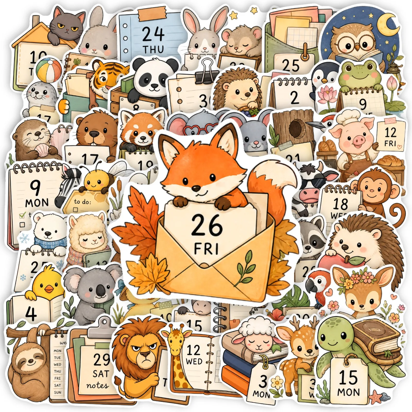 50 PCS New Animal Calendar Fun Stickers Cute Cartoon Hand Account Decorate Material Student Non Repeated Waterproof Decals