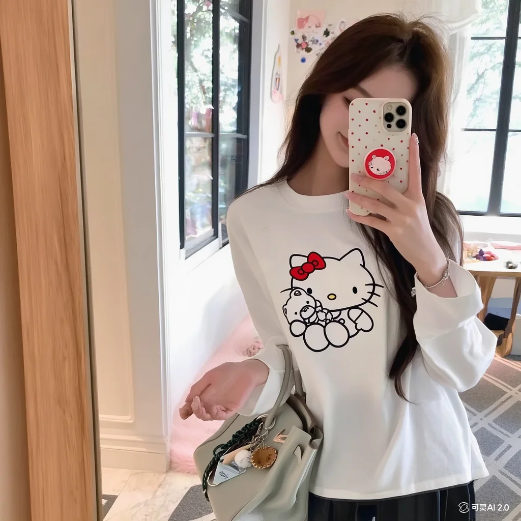 Kawaii Hello Kittys Trend Fresh Sweet Korean Version Literatur Retro Langarm Druck Literatur Rundkragen All-Match