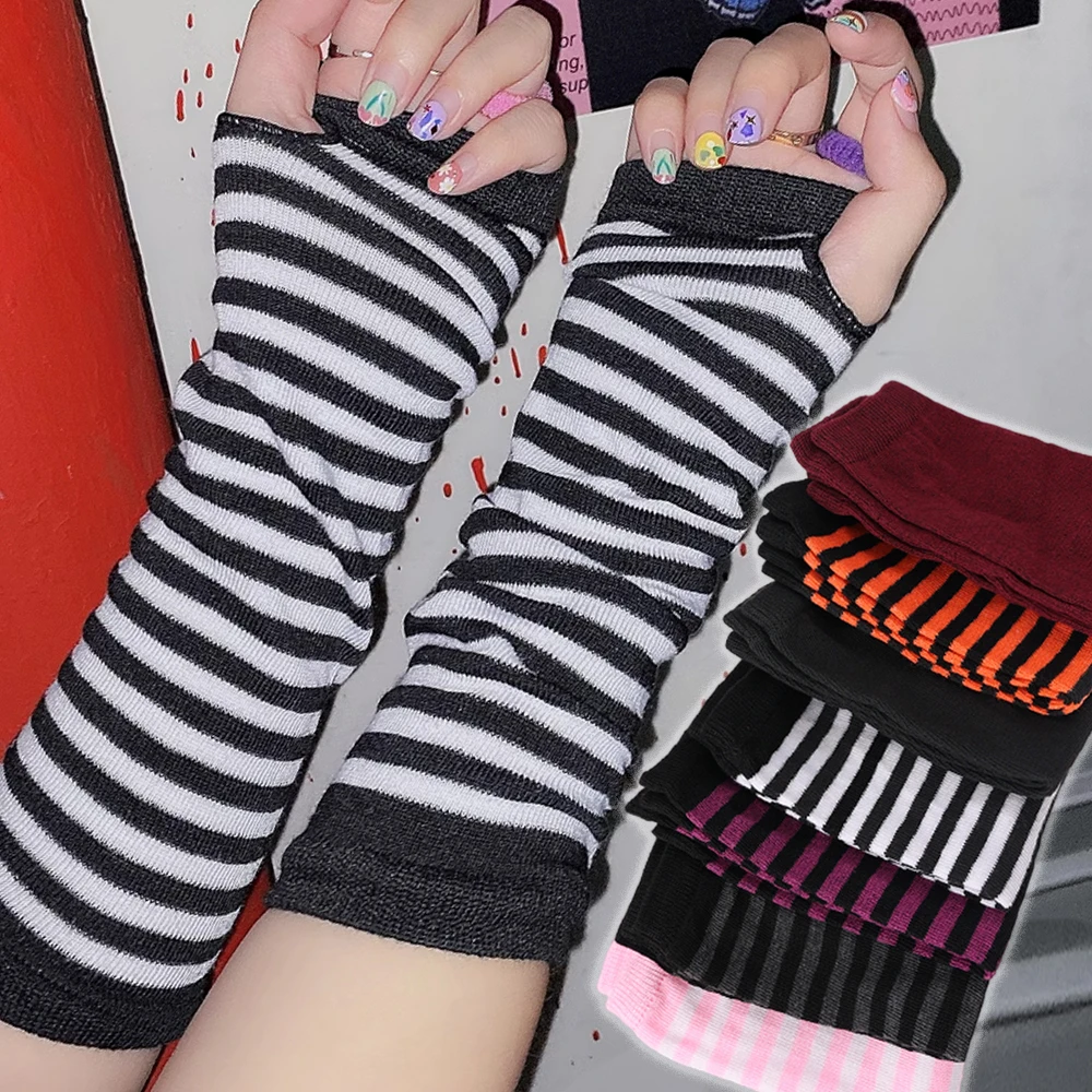 Lolita Women Girls Striped Gloves Warmer Knitted Long Striped Fingerless JK Darkly Ninja Gloves Elbow Mittens Party Accessories