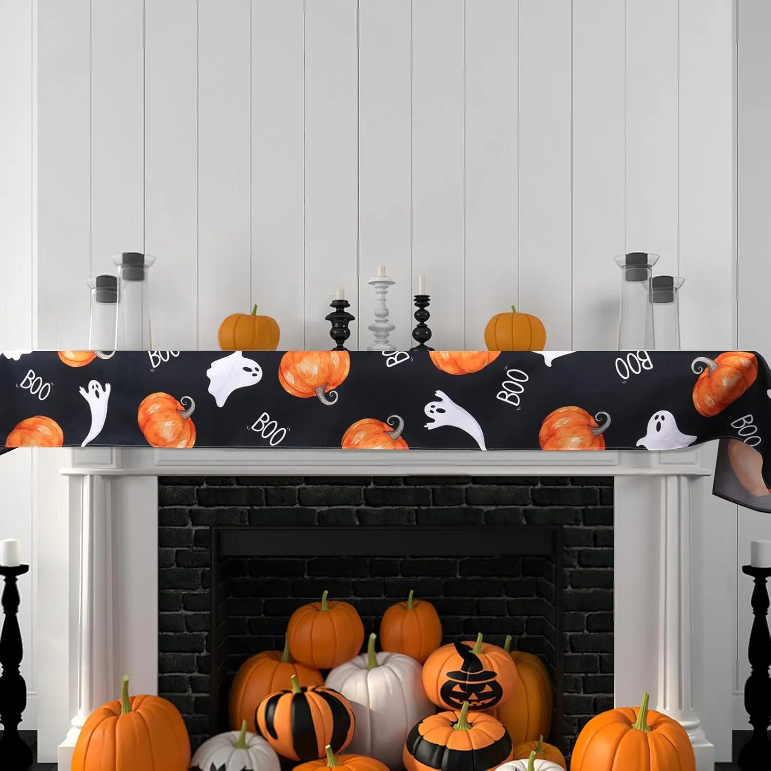 Halloween Ghost Boo Pumpkins Black Linen Table Runner Autumn Dresser Scarf for Kitchen Table Decor Washable Halloween Decoration