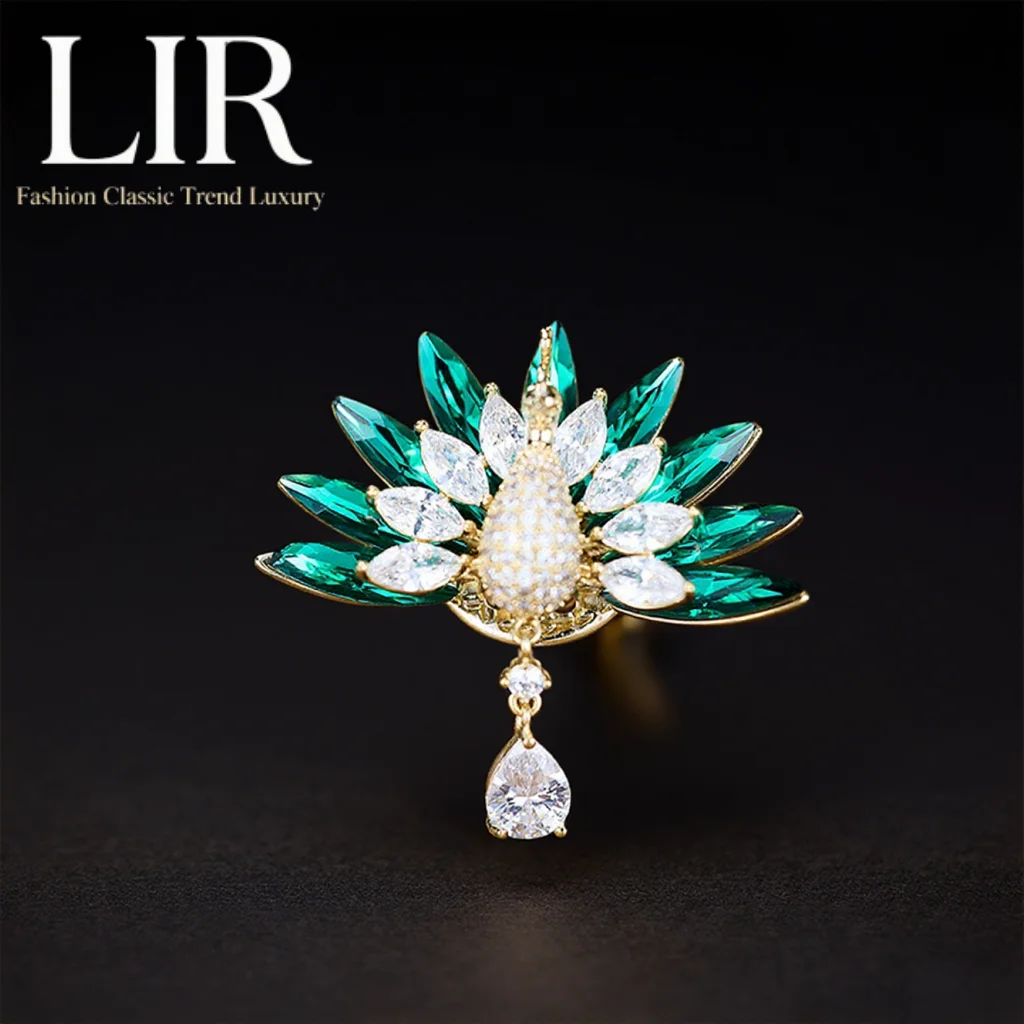 بروش نسائي من LIR: مرصع بالزركون AAA، مشبك مغناطيسي، كريستال طاووس فينيكس، أخضر/بني، مجوهرات عصرية مضادة للتعرض