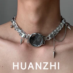 HUANZHI Silver Color Geometric Triangle Round Dial Necklace Hip Hop Punk Style Unisex Jewelry For Women Simple Trend Choker New