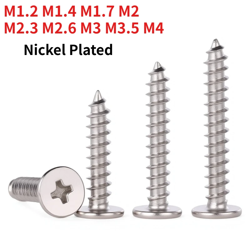 M1.2 M1.4 M1.7 M2 M2.3 M2.6 M3 M3.5 M4 Nickel-Plated Phillips Ultra-Flat Truss Head Self-Tapping Screws, Pointed-Tail Screws