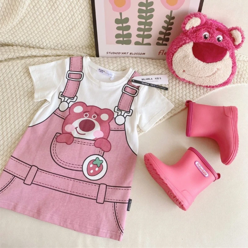 2024 Summer neonate Mini Dress Kids Cute Kitty t-shirt abiti Disney Cartoon Lotso Toddler manica corta abbigliamento Casual