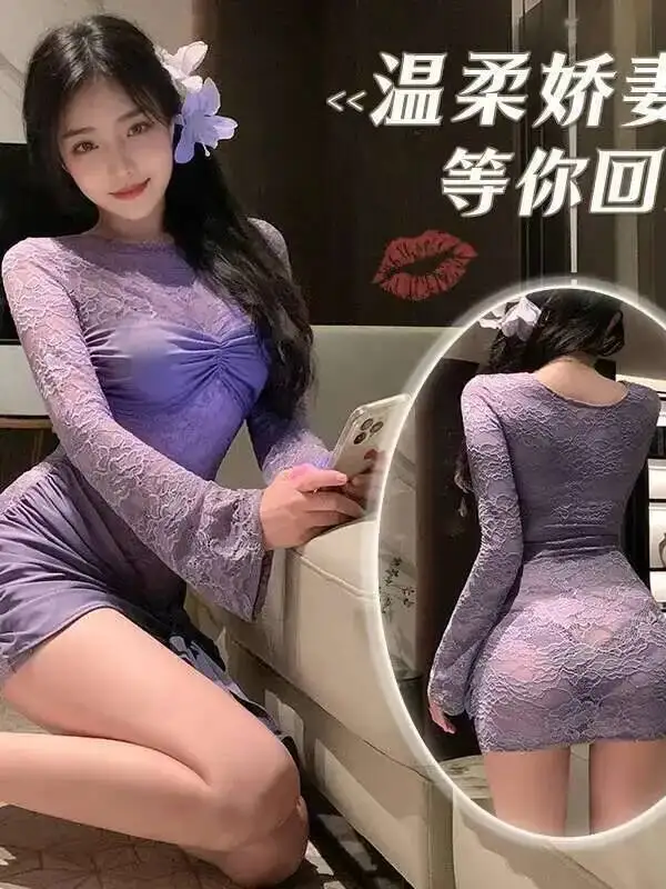 สีม่วงหวานชุดมินิแขนยาว O คอตาข่ายลูกไม้ SHEER เซ็กซี่ PURE Desire แขนยาวชุดลูกไม้เซ็กซี่ชุด IDB8