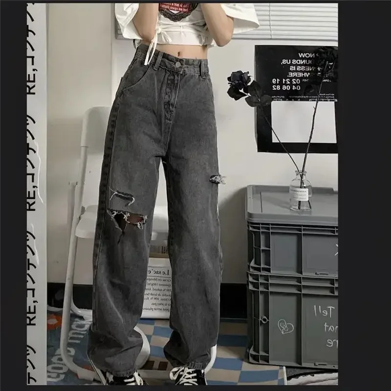 Vintage Streetwear Y2k Dark Gray Ripped Jeans For Women  Design High Waist Jeans Loose Straight Wide Leg Y2k Jean BE1 NBHG5FFTGB view 6