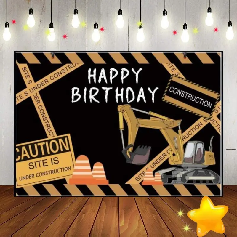 Construction Machinery Crusher Baby Shower Background Drilling Rig Birthday Decoration Mixing Plant Photo Press Machine Forklift