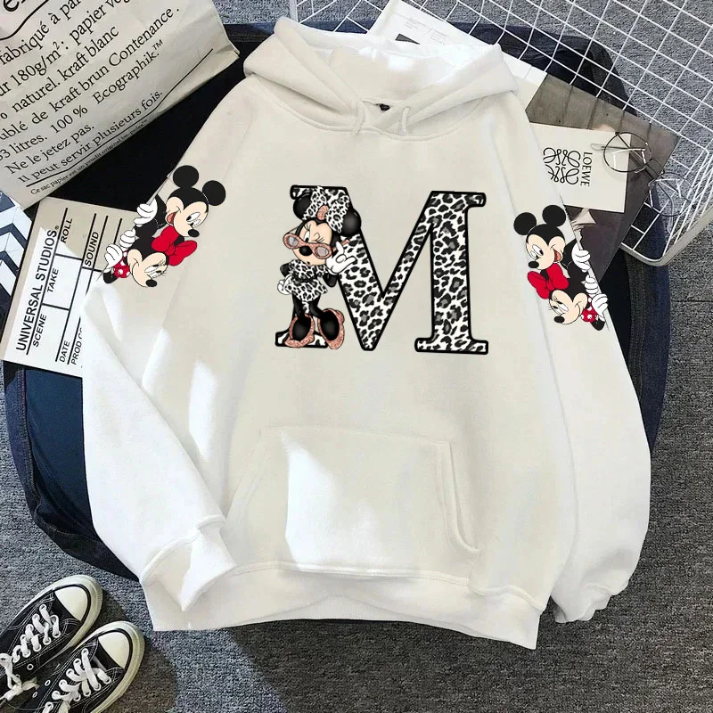 Leopard Minnie Mouse Disney A-Z 26 English Letters Hoodie Woman Clothing Y2k Clothes Long Sleeve Y2k Women\'s Sweatshirts Hoodies