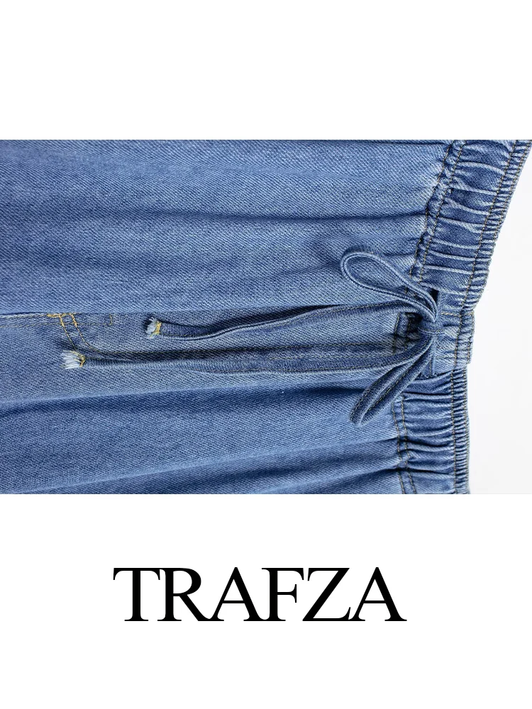 TRAFZA 2024 donne Vintage Denim donna abiti moda Casual colletto rovesciato camicie tascabili + Chic coulisse pantaloni gamba larga set