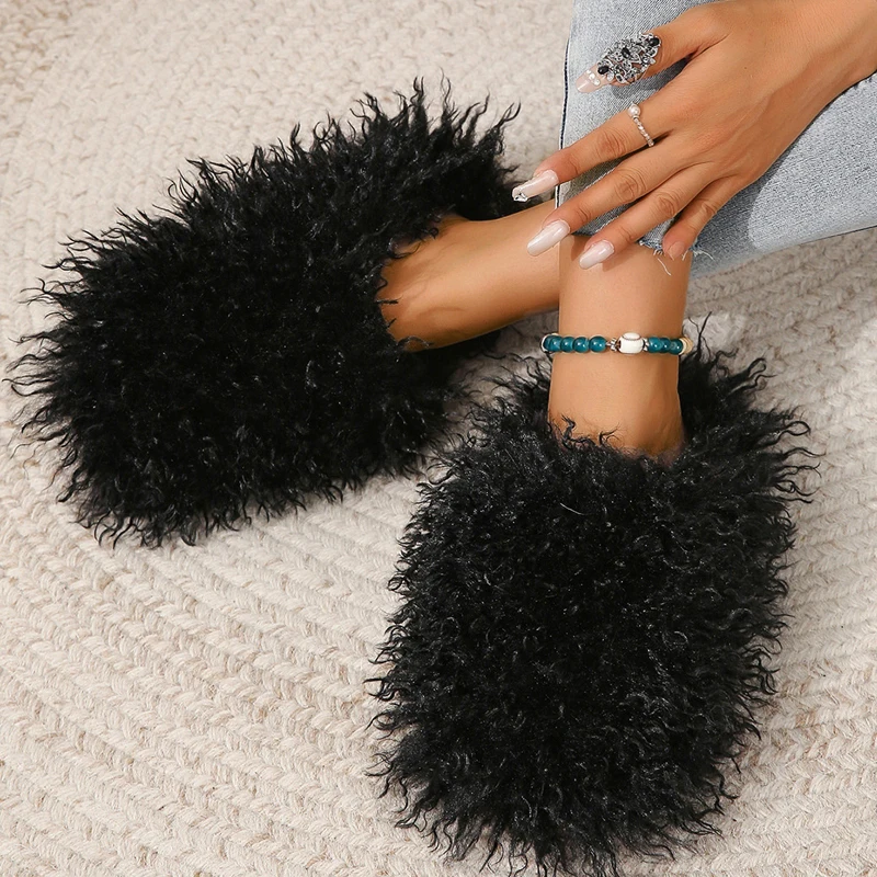 New Arrival Women Luxurious Plush Fur Slippers Fluffy Warm Cozy Slides Solid Amazing Furry Faux Fur Cotton Shoes Large Size Hot