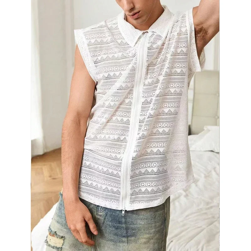 

Men's Mesh Sleeveless Lace Shirt Summer New Fashion Loose Perspective Casual Sexy Zipper Tank Top Men Nightclub Tees Shirt