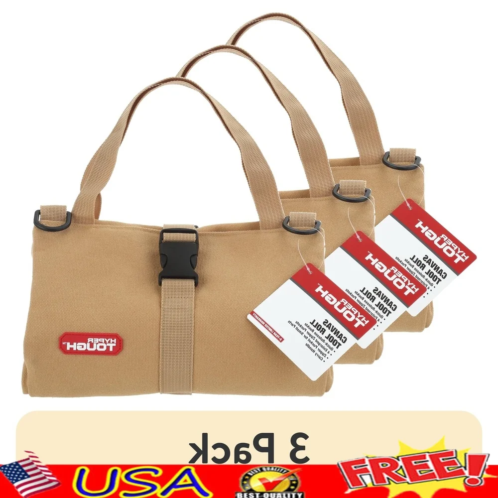 

3 Pack Heavy Duty Tool Roll Organizer with 4 Zipper Pockets Portable Tool Storage Carrying Handle Quick Release Closure