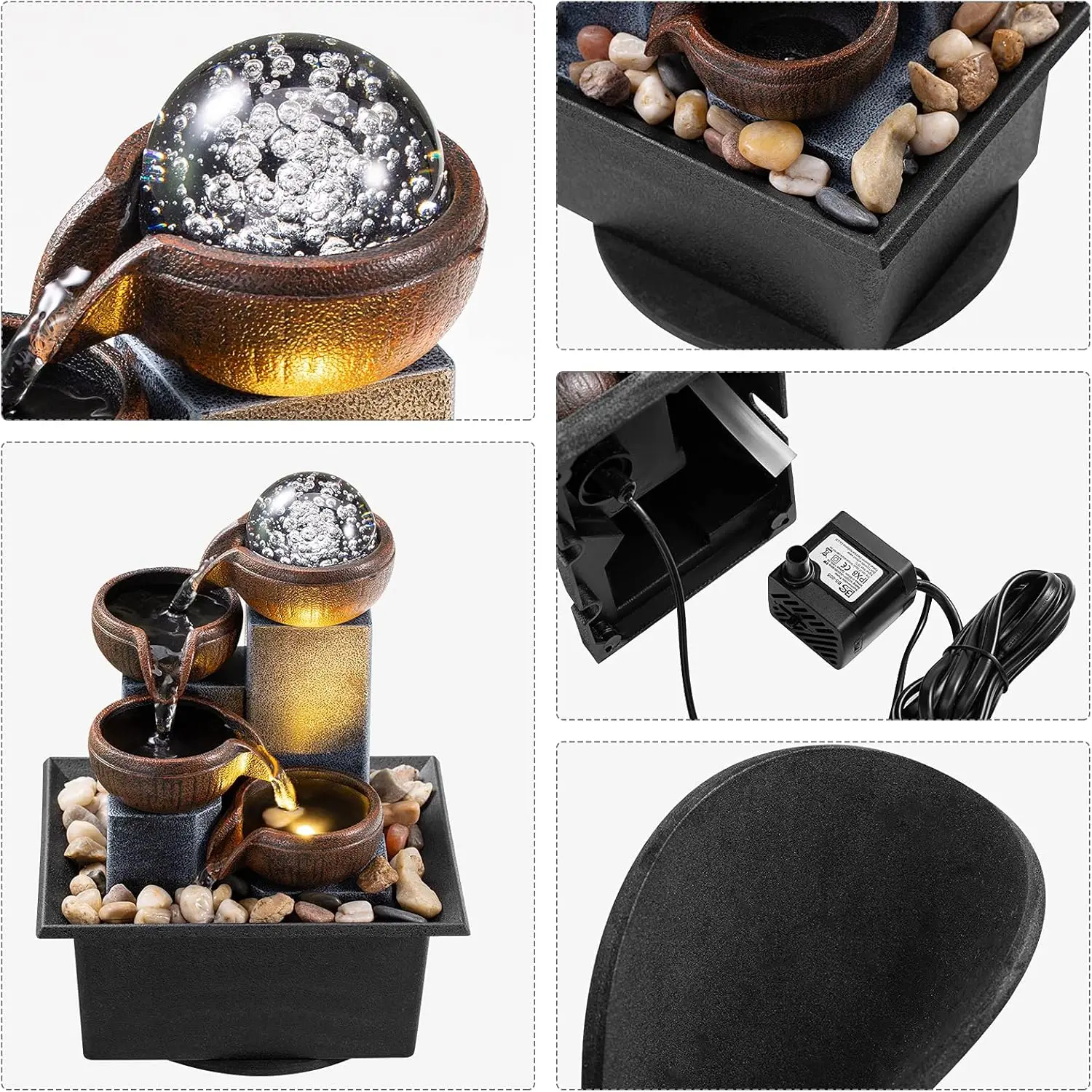 4 Level Tabletop Waterfall Fountain with LED Lights and River Rocks,Indoor Meditation Fountain Office Home Relax