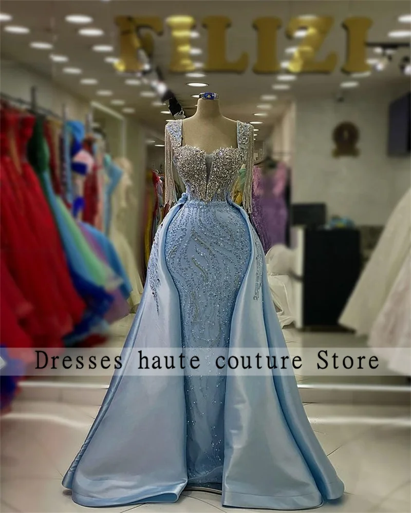 Luxus Dubai blau Perlen Meerjungfrau Abendkleider mit abnehmbaren Zug Kristalle Quasten Hochzeit Party kleider Anlass Kleid