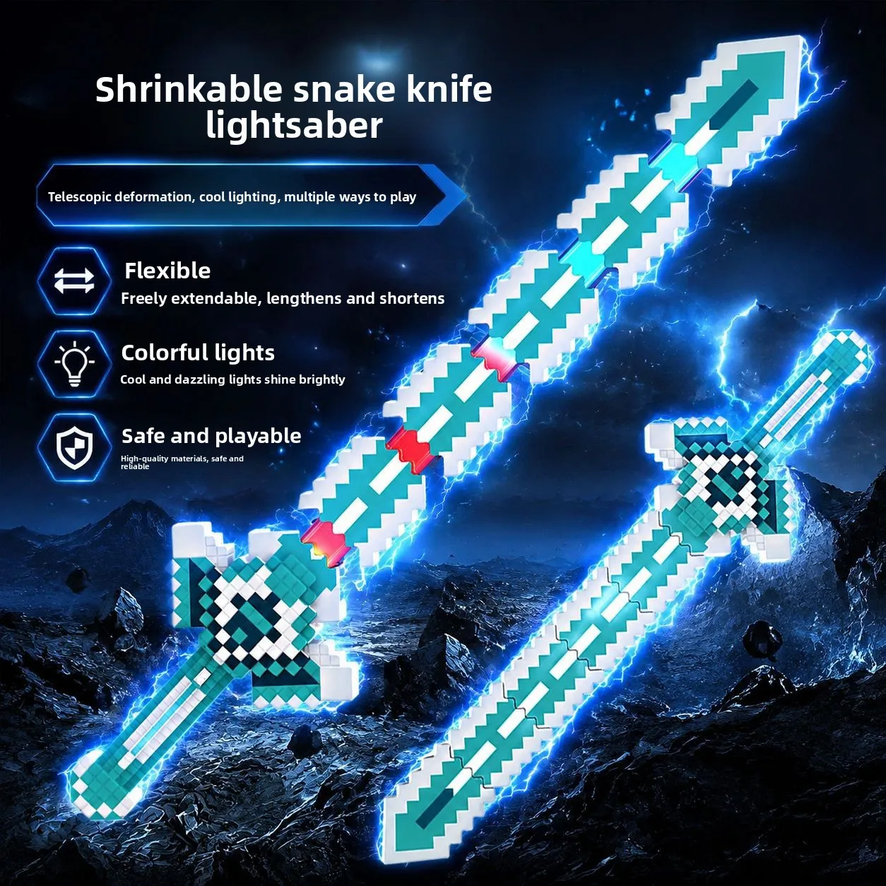 Retractable LED Pixel Block Sword, Expandable Glowing Light Up Blade, Cosplay Party Role Play Prop, Novelty Birthday Gift