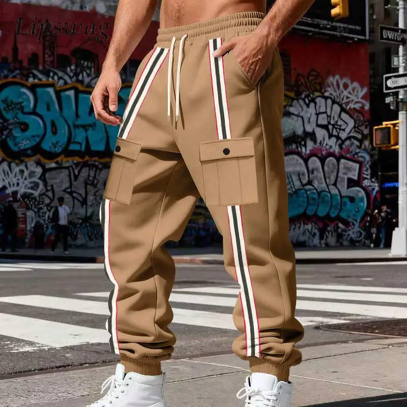 

Outdoor Casual Mens Multi Pockets Cargo Pants Fleece Lined Warm Thickened Trousers For Men Fall Winter Trendy Striped Trousers