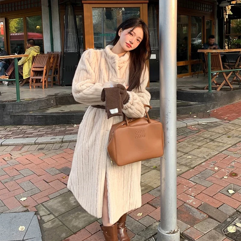 Women Faux Fur Long Coat Elegant Vintage Thick Warm Jacket Faux Mink Single Breasted Stand Collar Loose Casual Winter Outwear