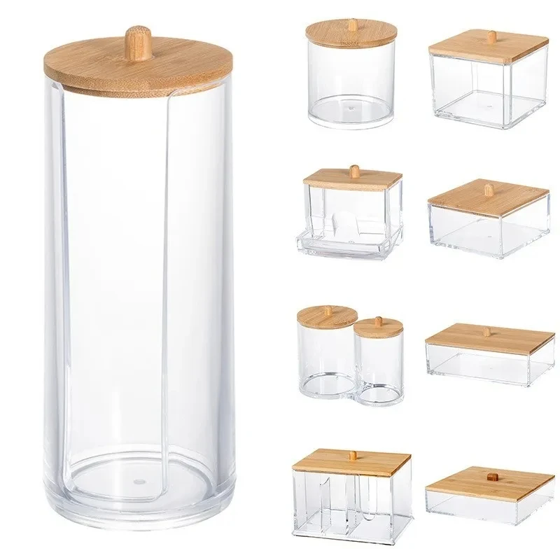 Acrylic storage box bathroom basin makeup organizer circular cotton swab holder QTip dispenser with bamboo cover