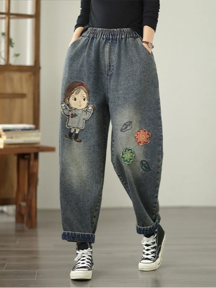 

Джинсовые брюки с вышивкой для девочек-мультфильмов для женщин, модные повседневные бриджи с высокой талией и карманами для мамы, шаровары, синие джинсы