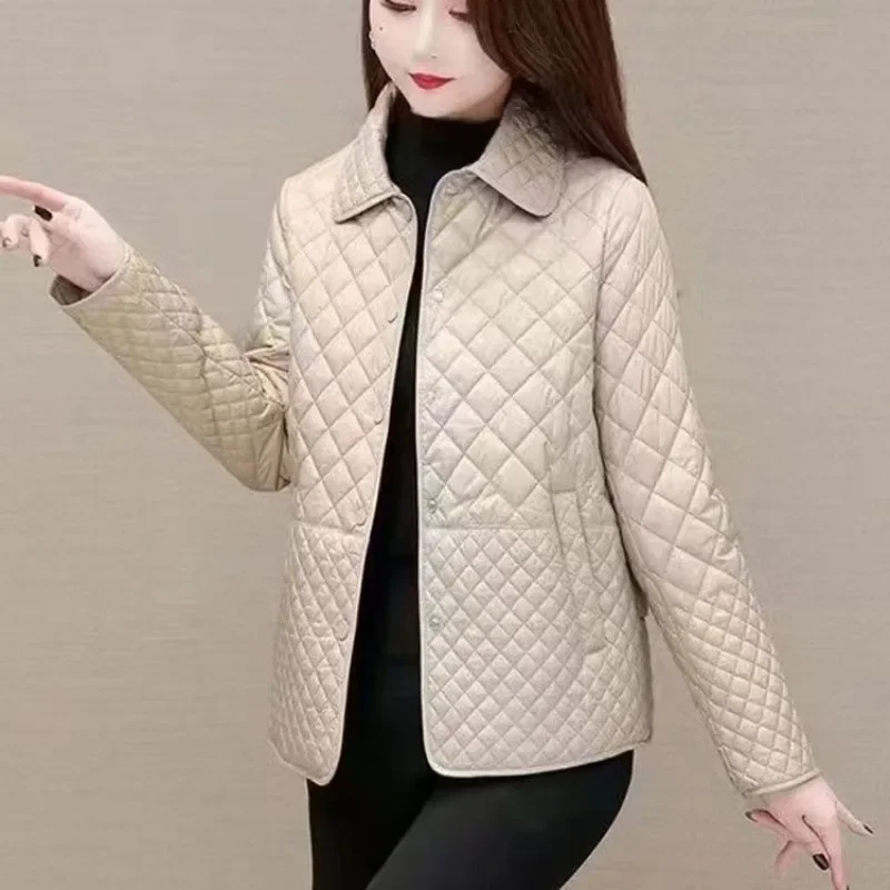 

2025 Women's Rhombus Grid Cotton Coatjacket Loose-fit Casual Lapels Pockets Single Breasted Lightweight Jacket Women Clothing