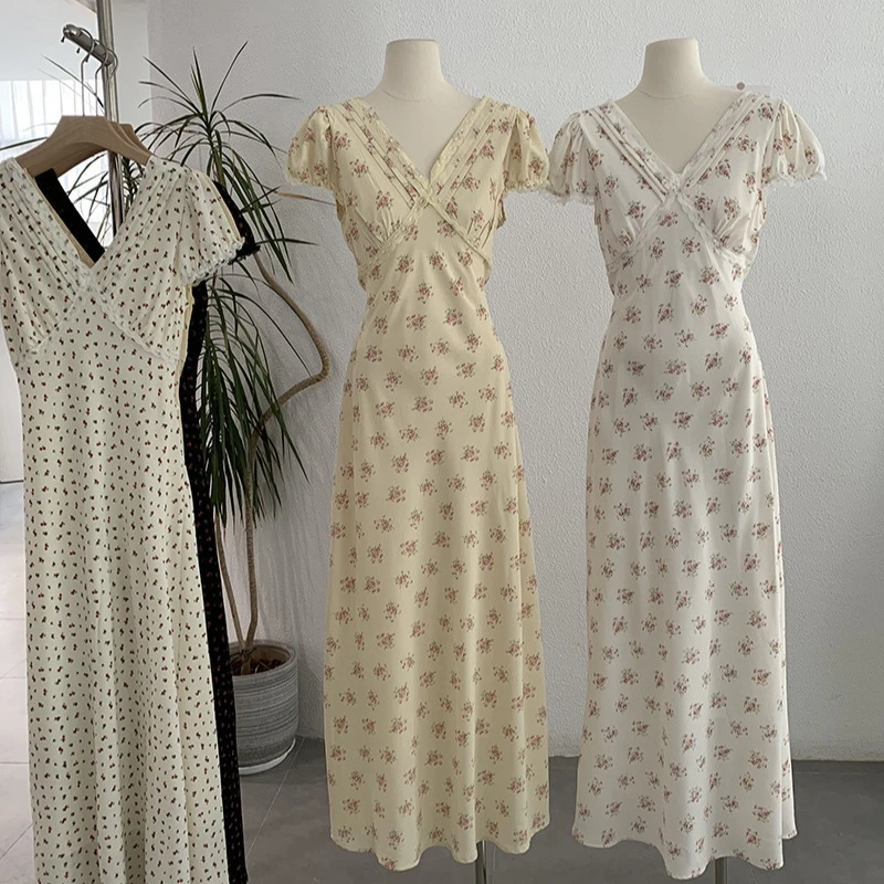 

Elegant Printed Slim Fit Long Pleated Vestido Women's Flare Short Sleeve V-neck High Waist Dresses Female Summer Party Wear 2025