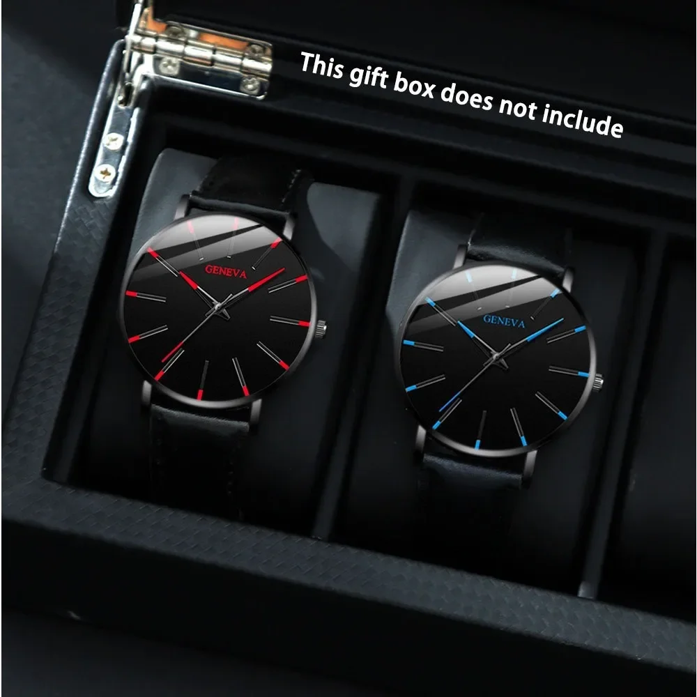 2pcs/set Fashion Mens Watch Round Analog PU Leather Strap Male Quartz  Wristwatch Ideal Choice for Halloween Gifts