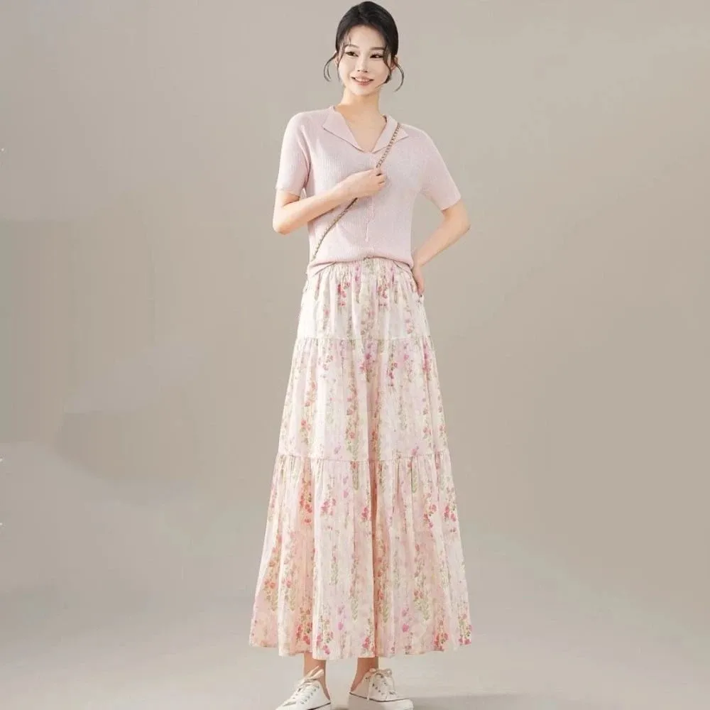Falda larga Floral Simple de cintura alta para mujer, falda larga de cintura alta con flores finas, estilo Ins de retales, falda escalonada acampanada para playa