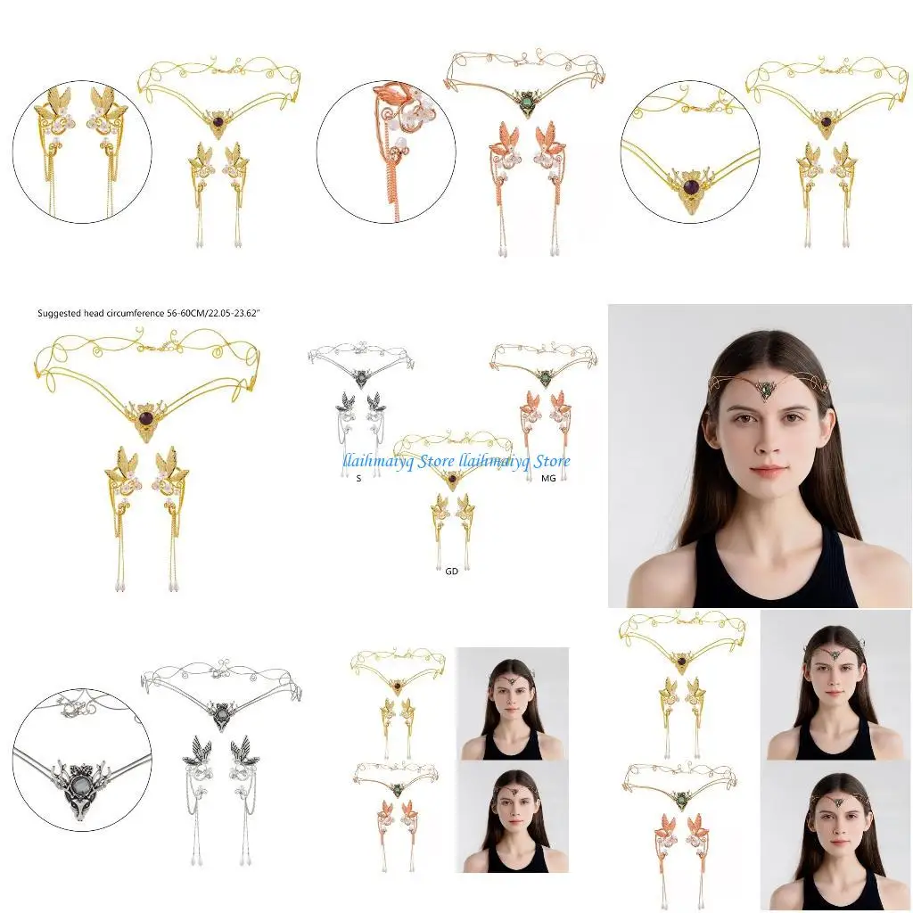 

573B Butterfly Earring+Forehead Chain Set for Women Wedding Party Taking Photo Props