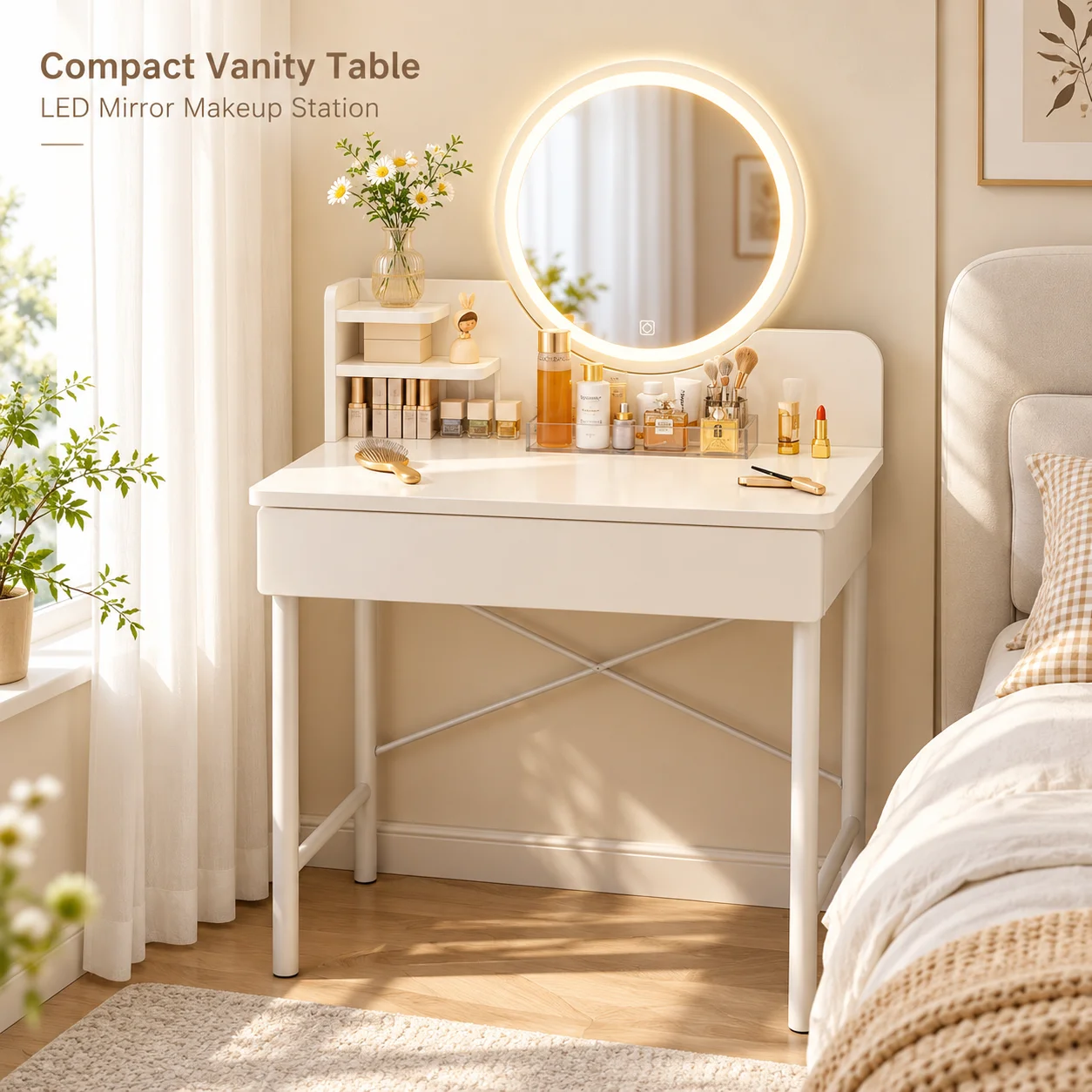 AOLIVIYA Makeup Vanity Table Desk With LED Mirror Compact Bedroom Dressing Table Storage Drawer Small Space