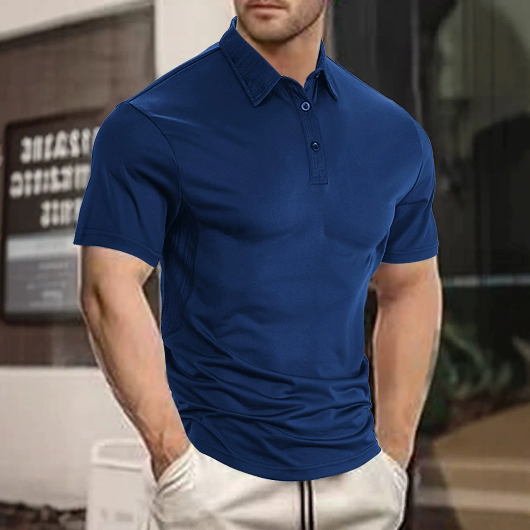 Men Splice Textured Short Sleeve Polo Shirt Solid Color Lapel Button Casual Business Summer Tops