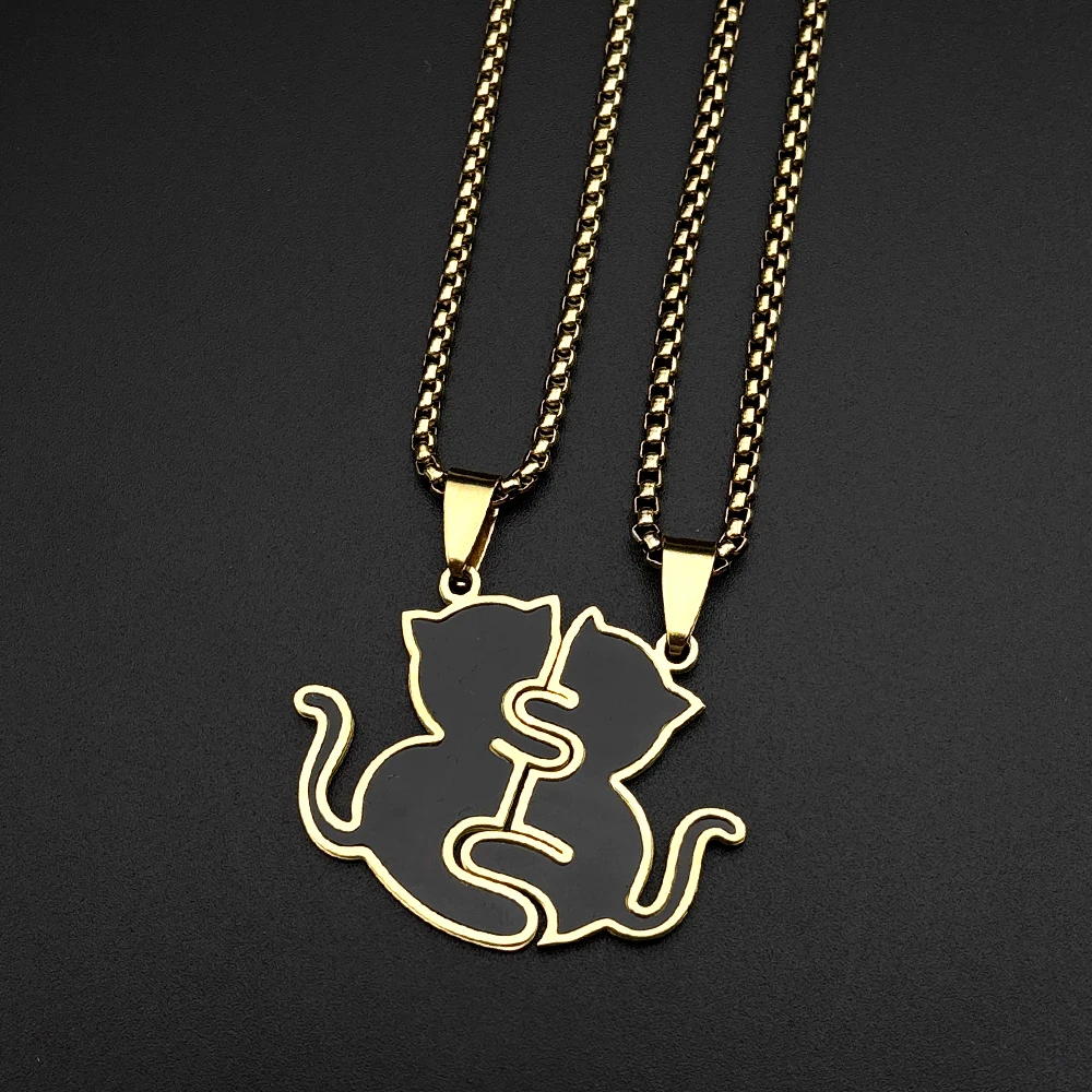 2-teiliges Set Edelstahl Schwarz Weiß Rosa Katzen-Halskette Liebesumarmung Katzen Paar-Anhänger Halsketten BFF Schmuck für Frauen und Freundinnen – Detail 4