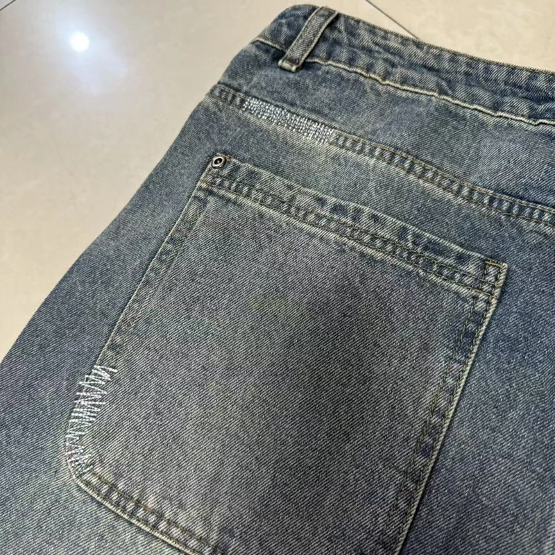 بنطلون جينز Derschutze ممزق ومطرز بأرجل مستقيمة Y2K للجنسين من ماركة DERSCHUTZE من قماش الدنيم #6