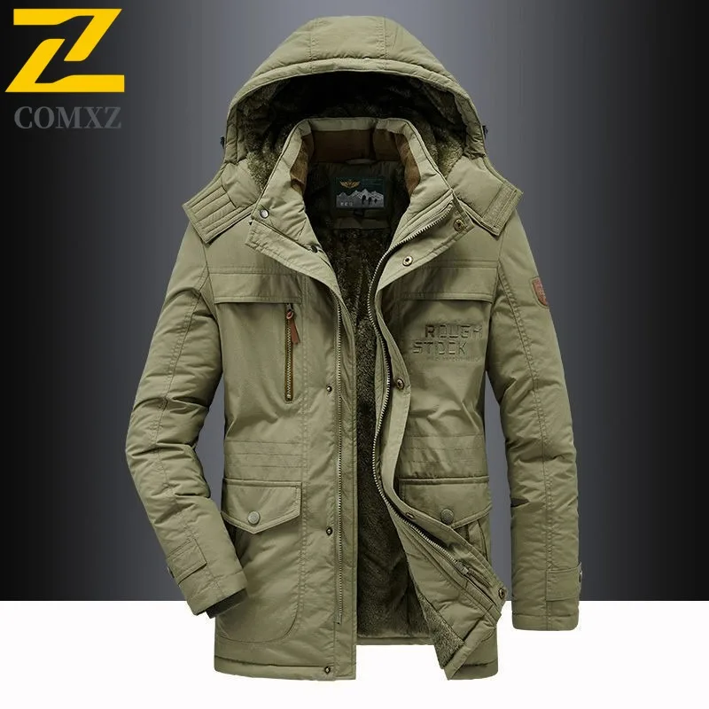 

Mens Fleece Lined Thickened Cotton Padded Coat Winter Loose Outdoor Multi Pocket Long Length Warm Windproof Cold Resistant Parka