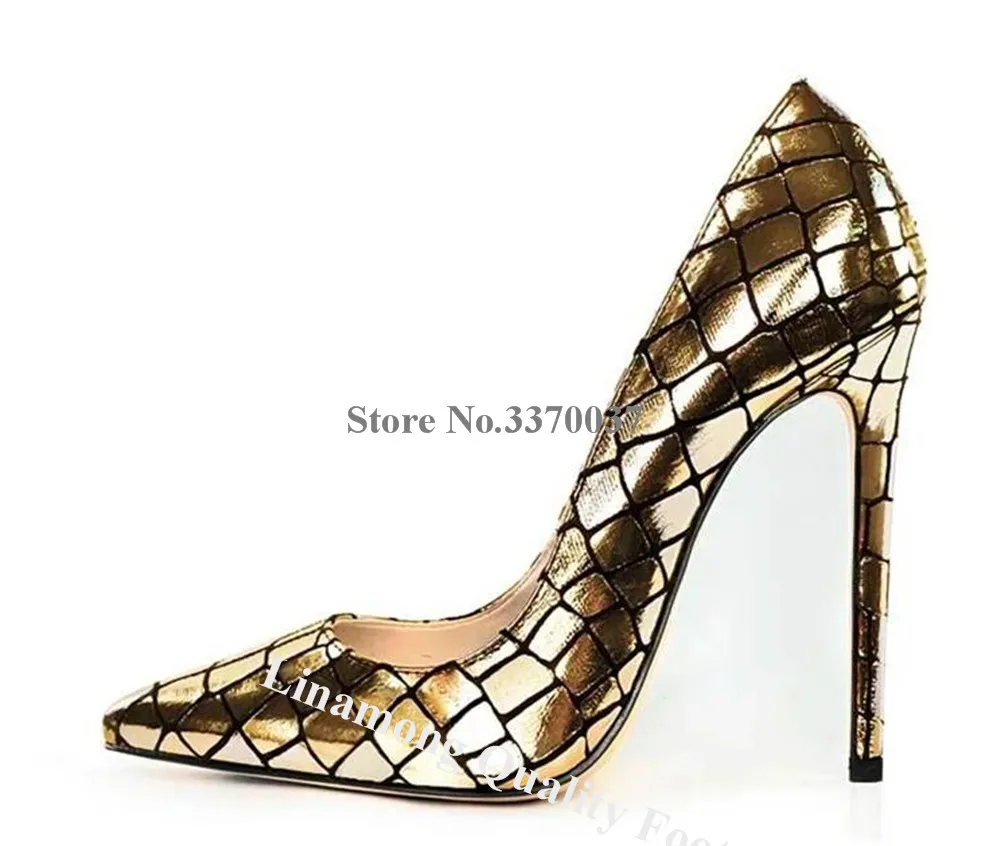 Linamong Gold Silver Checkered Pattern Leather 12cm Pumps Pointed Toe Slip-on Metallic Snakeskin Stiletto Heel Wedding Shoe