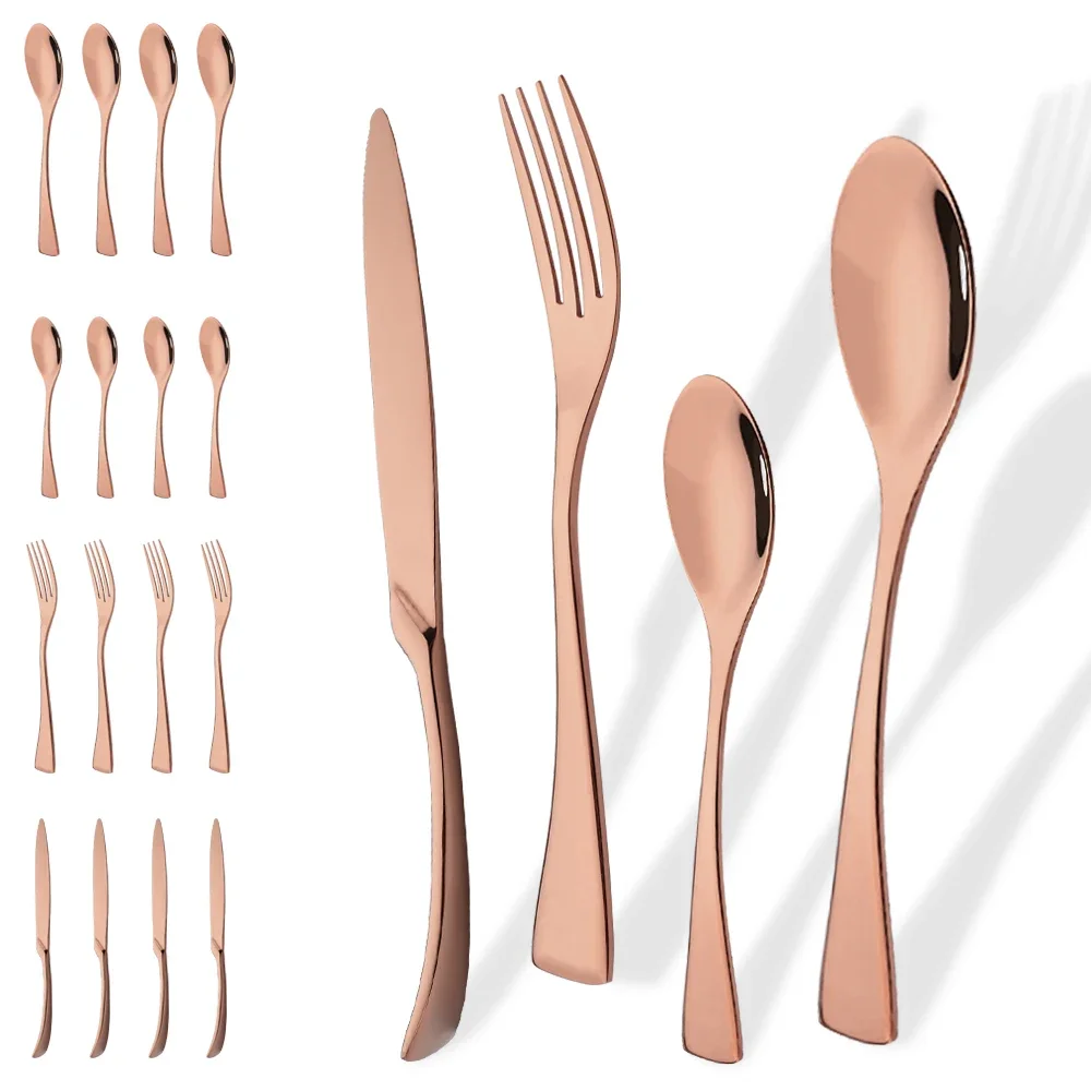 20Pcs Rose Gold Dinnerware Set Knife Fork Coffee Tea Spoon Cutlery Set Stainless Steel Tableware Western Home Kitchen Flatware