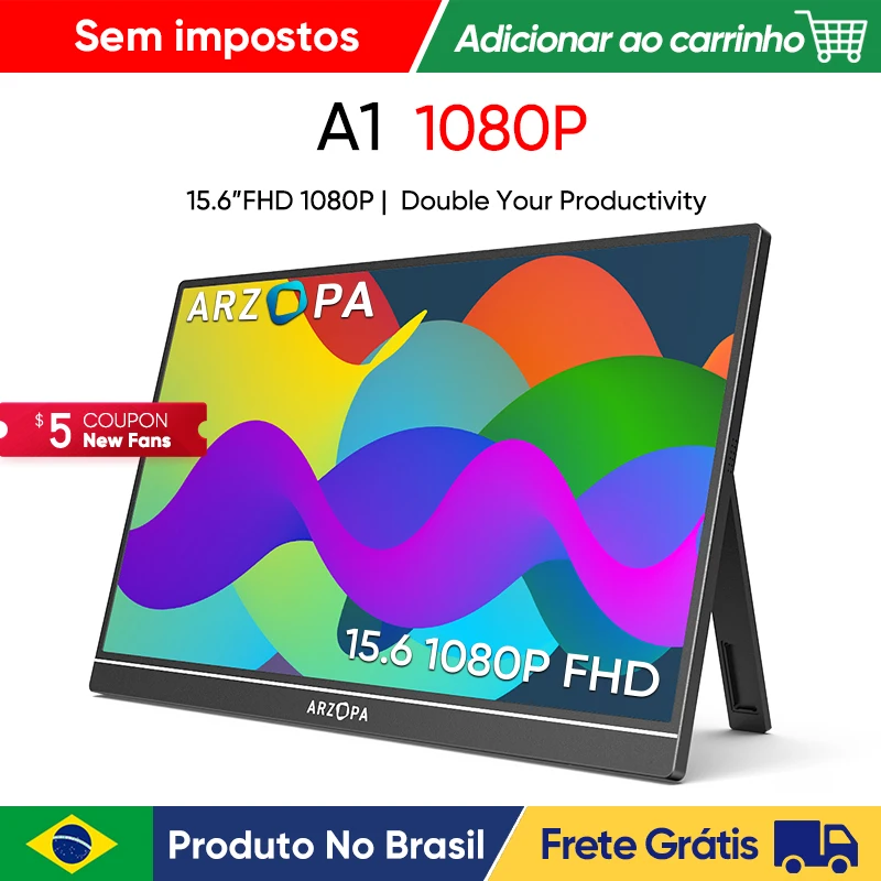 [produto no brasil] Novo ARZOPA  15.6 inch FHD Monitor Portátil 1080P Tela IPS de Exibição Externa com USB-C mini-porta HDMI para Laptop Mac PC Xbox