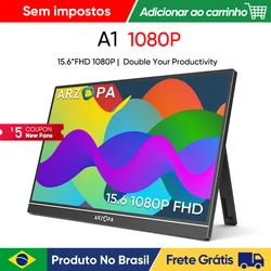 [produto no brasil] Novo ARZOPA  15.6 inch FHD Monitor Portátil 1080P Tela IPS de Exibição Externa com USB-C mini-porta HDMI para Laptop Mac PC Xbox PS Switch,com Suporte Embutido,A1