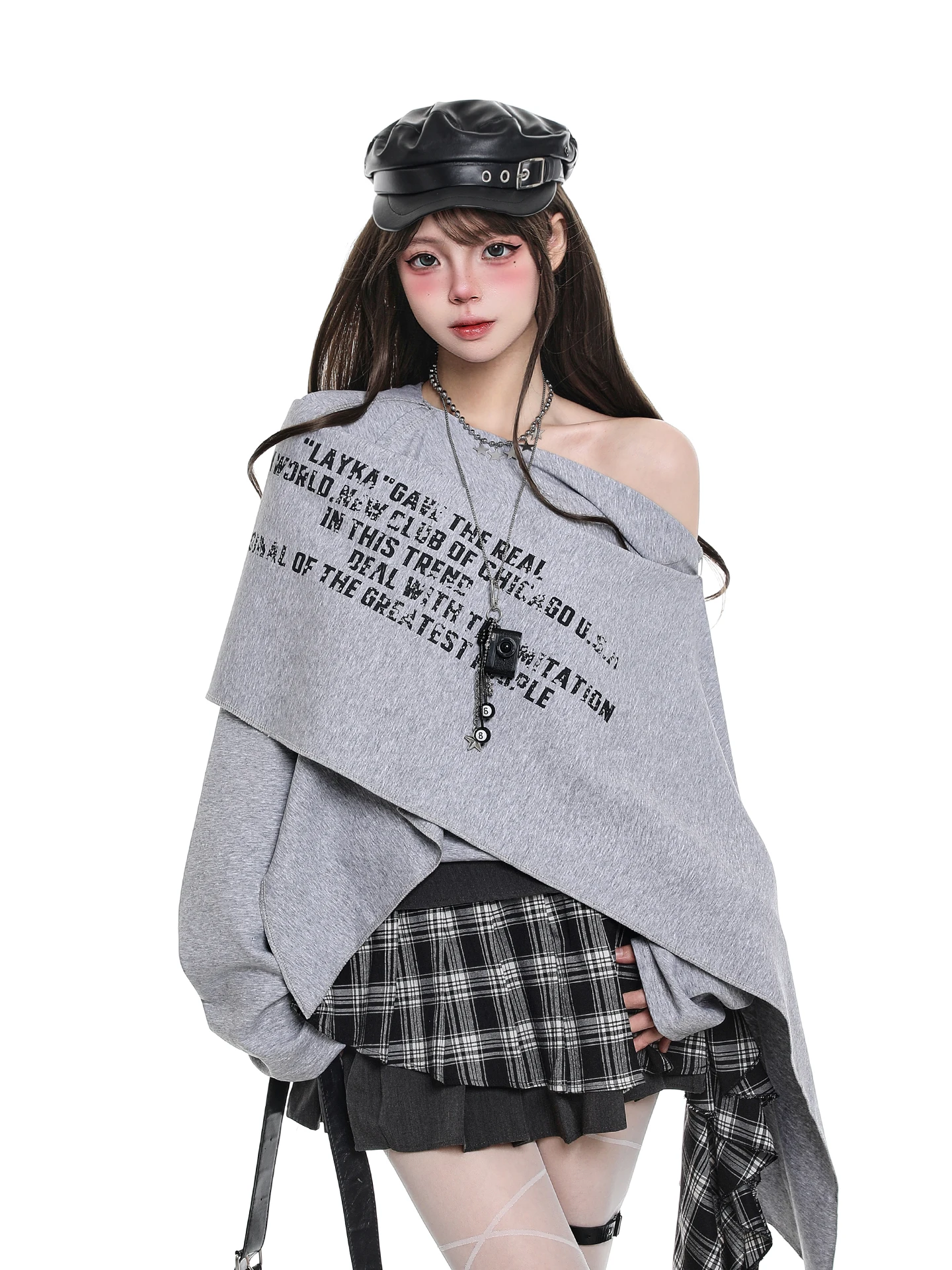 

Американская сладкая и пряная длинная све асимметричная футболка с овальным плечом, женская ранняя осень, многослойный топ с косыми плечами Lazy Sle